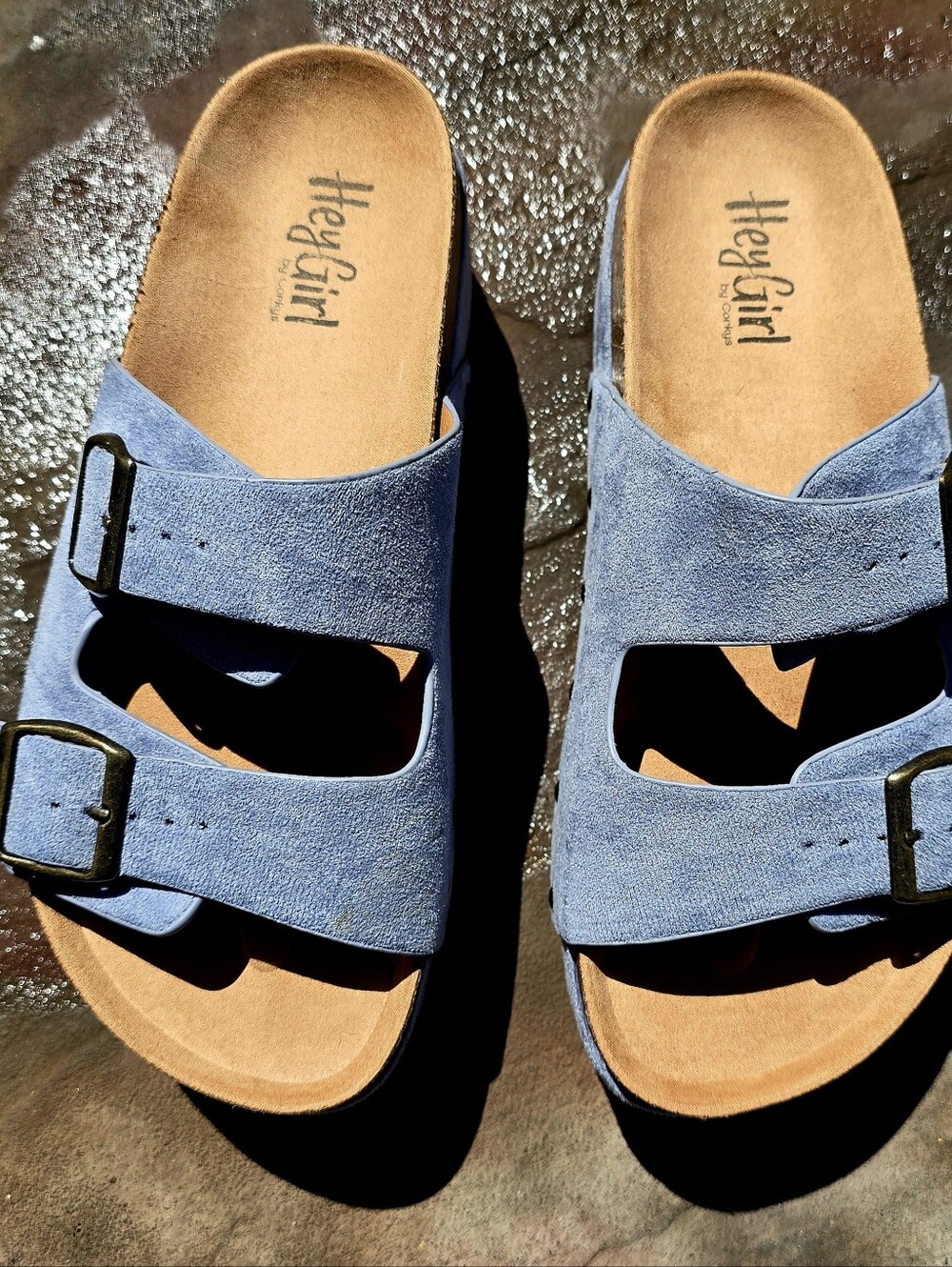 HEY GIRL BY CORKIES, Blue Suede Dual-Buckle Slide Sandals